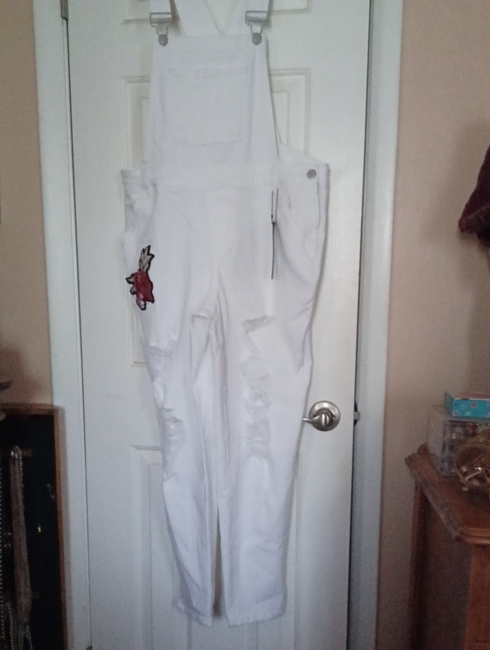 Dollhouse White Distressed Denim Overalls with Rose Applique